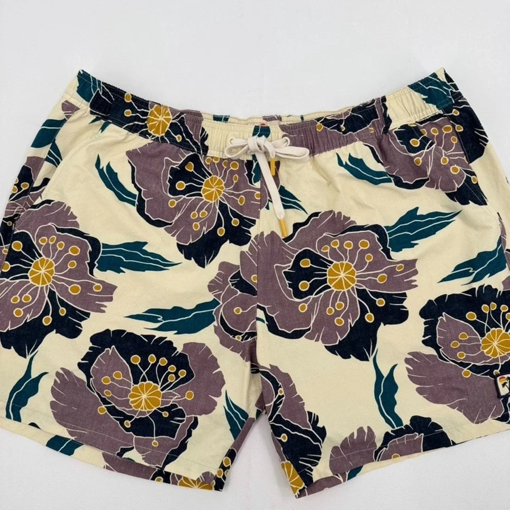 Marine Layer Shorts Mens XL Floral Tropical Print Cream Elastic‎ Waist Beach